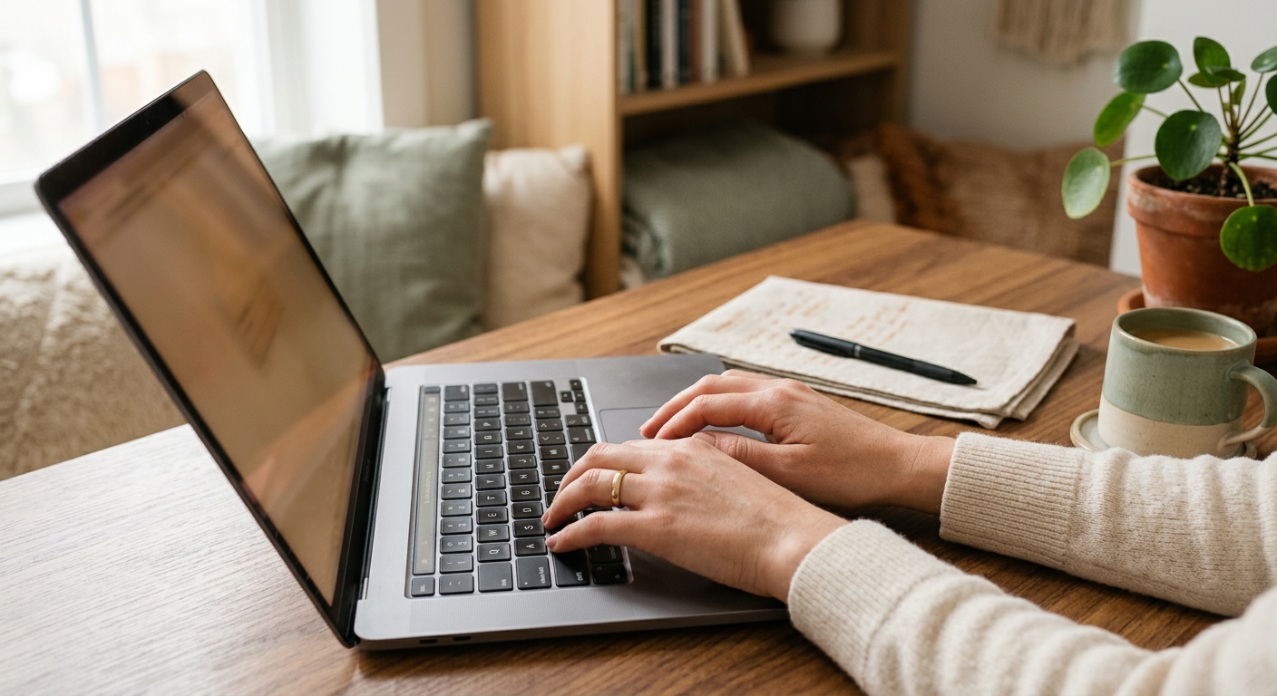 A firm owner's hands working through fixes on a laptop at their desk