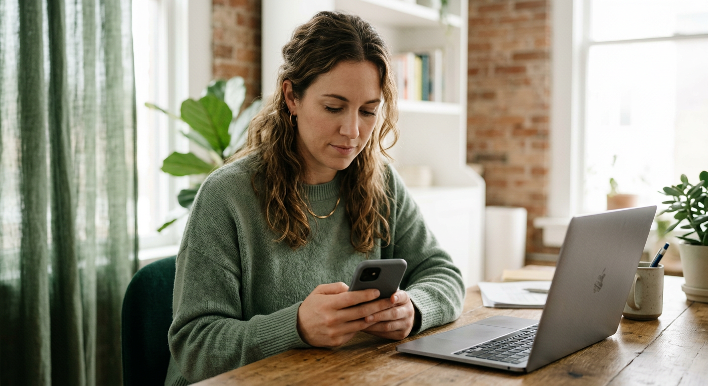 A small firm owner checking messages on their phone at a home desk, laptop open beside them